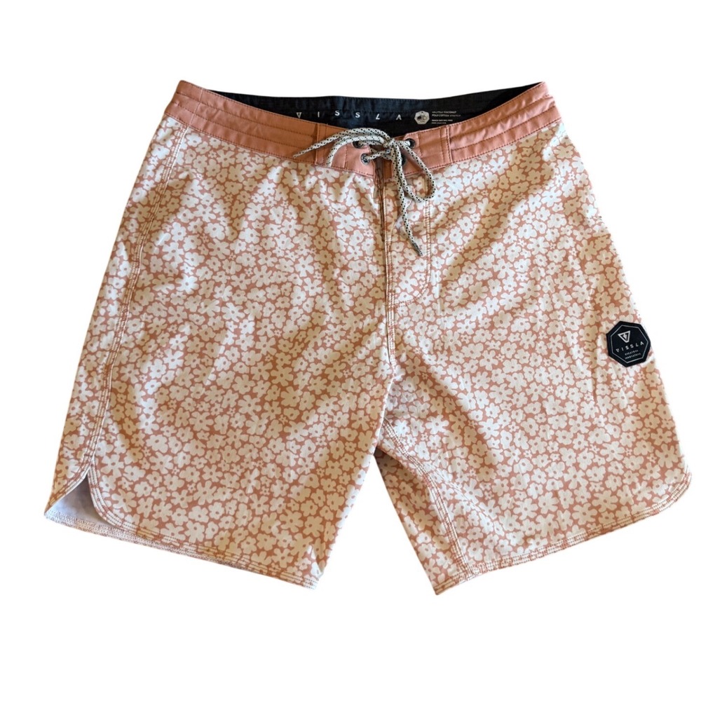 Vissla Mens Floral Daisy Board Shorts Clay Pink Upcycled Coconut Sz 31 M1232CUT